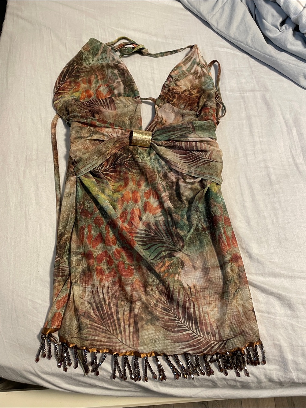 Boho Tropical Print Beaded Dress